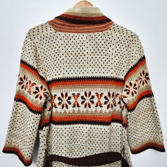 Vintage Boho 60's 70's Fall Color Aztec Button Front Belted Cozy Long Sweater - Picture 5 of 14